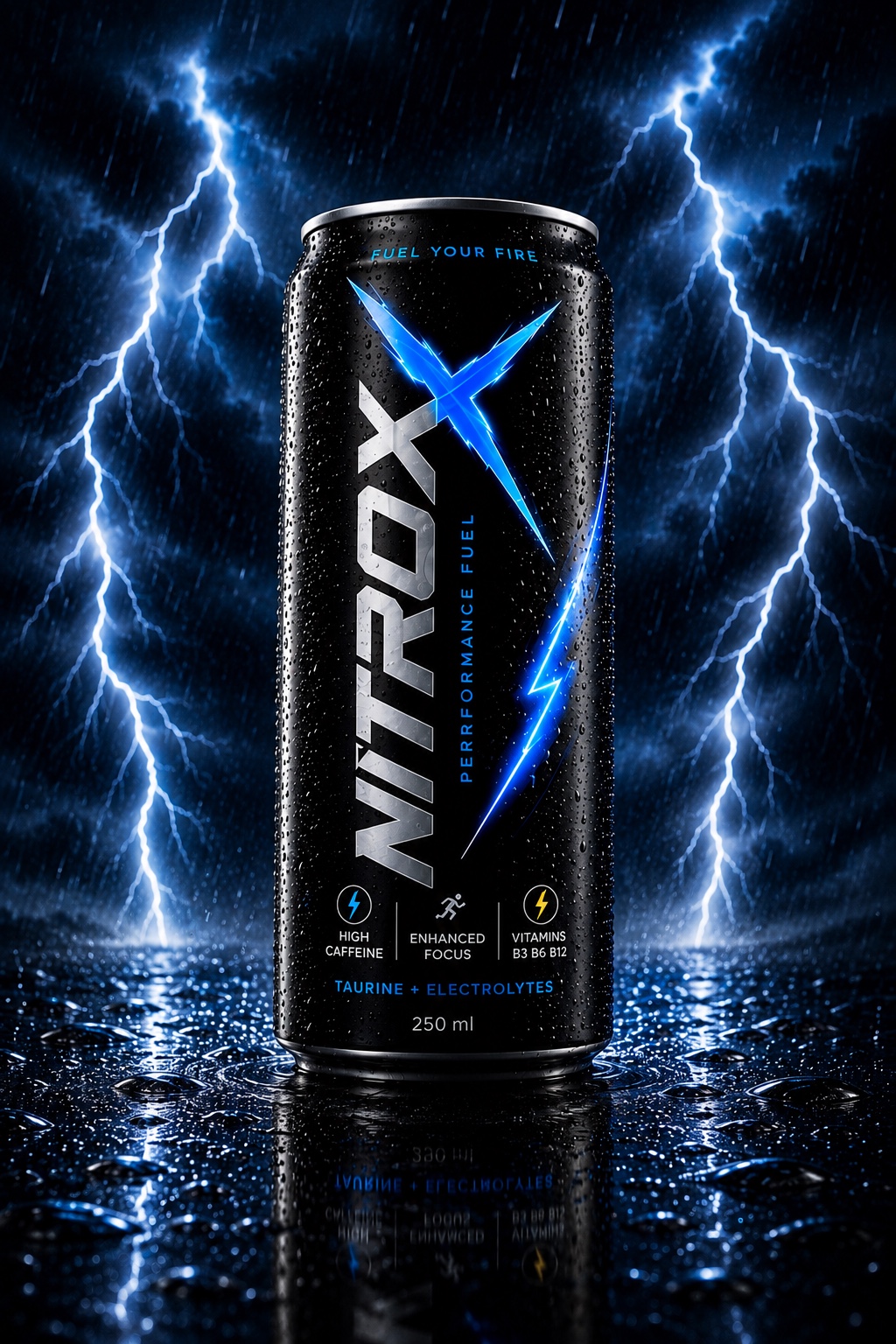 NitroX Blue Shock energy drink can in a lightning storm